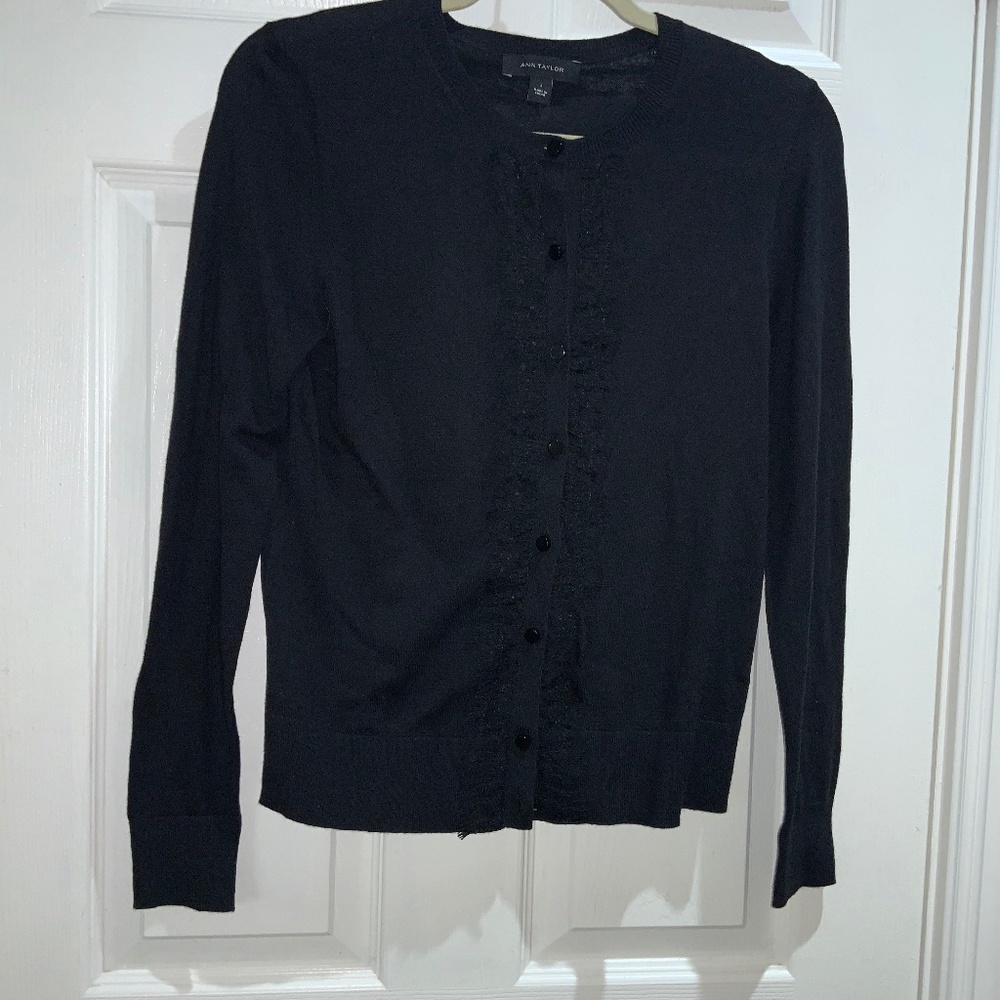 Ann Taylor black cardigan sweater eyelash lace trim Sz S cotton blend